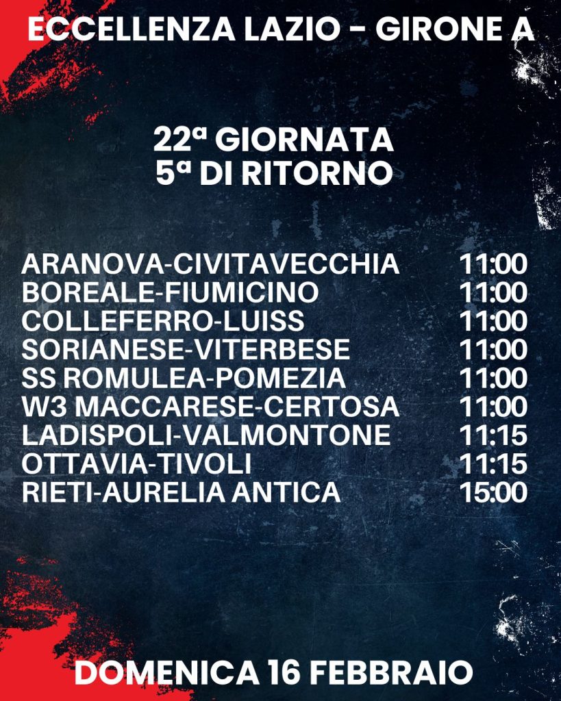 le partite della 22esima giornata dib Eccellenza Lazio girone A